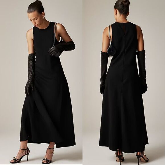 NWT J CREW Long A-line dress in drapey crepe in black - Picture 1 of 8